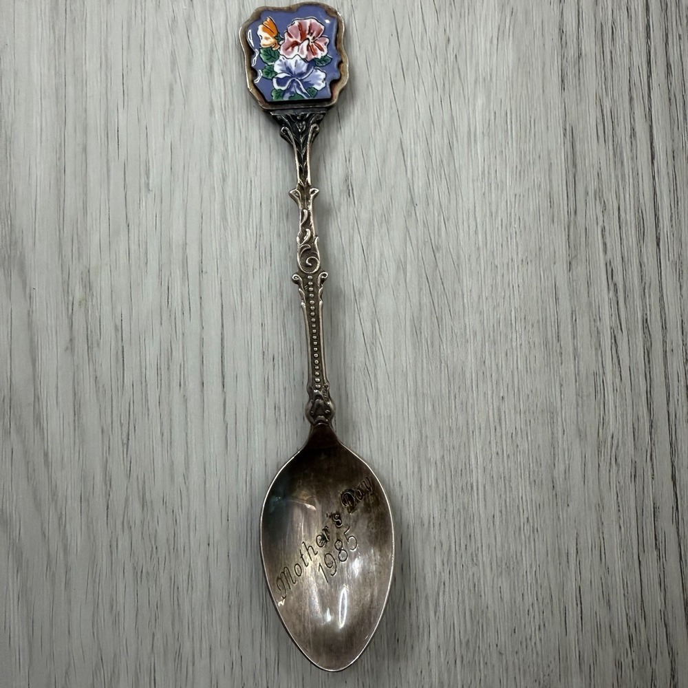 Mother's Day 1985 Holland Enamel Spoon Sweet Pea Silver Plate Floral